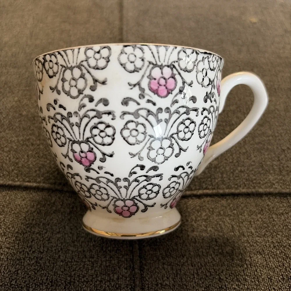 Vtg English Castle Bone China Tea Cup & Saucer  Staffordshire England ‎ Pink/blk